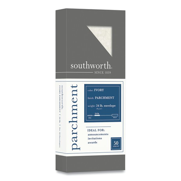 Southworth Parchment Envelope, #10, Commercial Flap, Gummed Closure, 4.13 x 9.5, Ivory, 50PK P984-10L/3/18